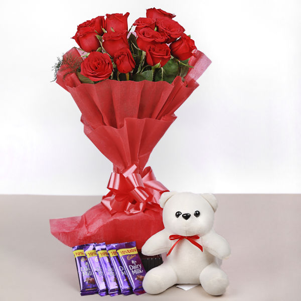 Red Roses With Teddy N Chocolate